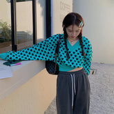 V-Neck Heart Printed Cropped Sweater